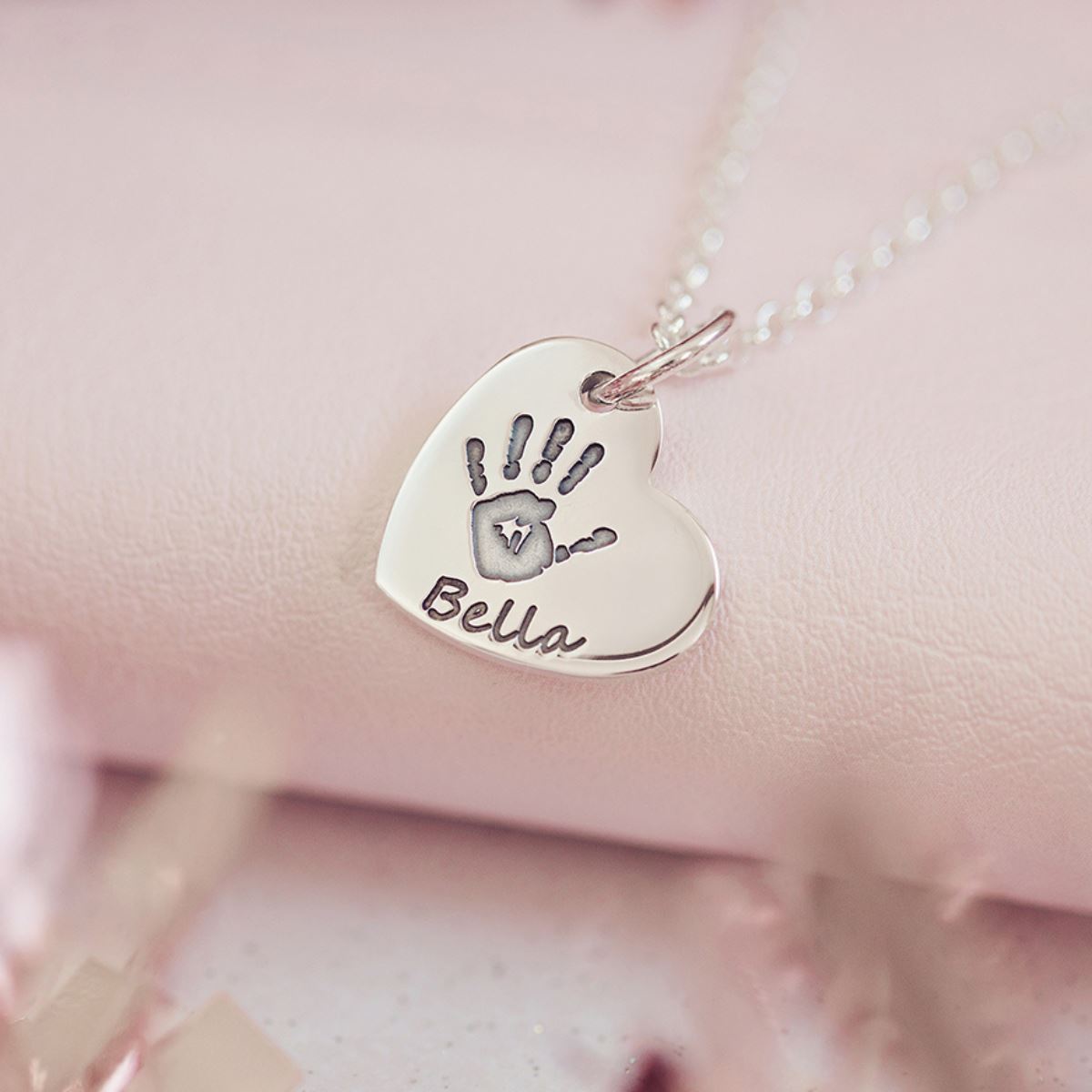 Handprint Or Footprint Small Heart Necklace, One Print And Name