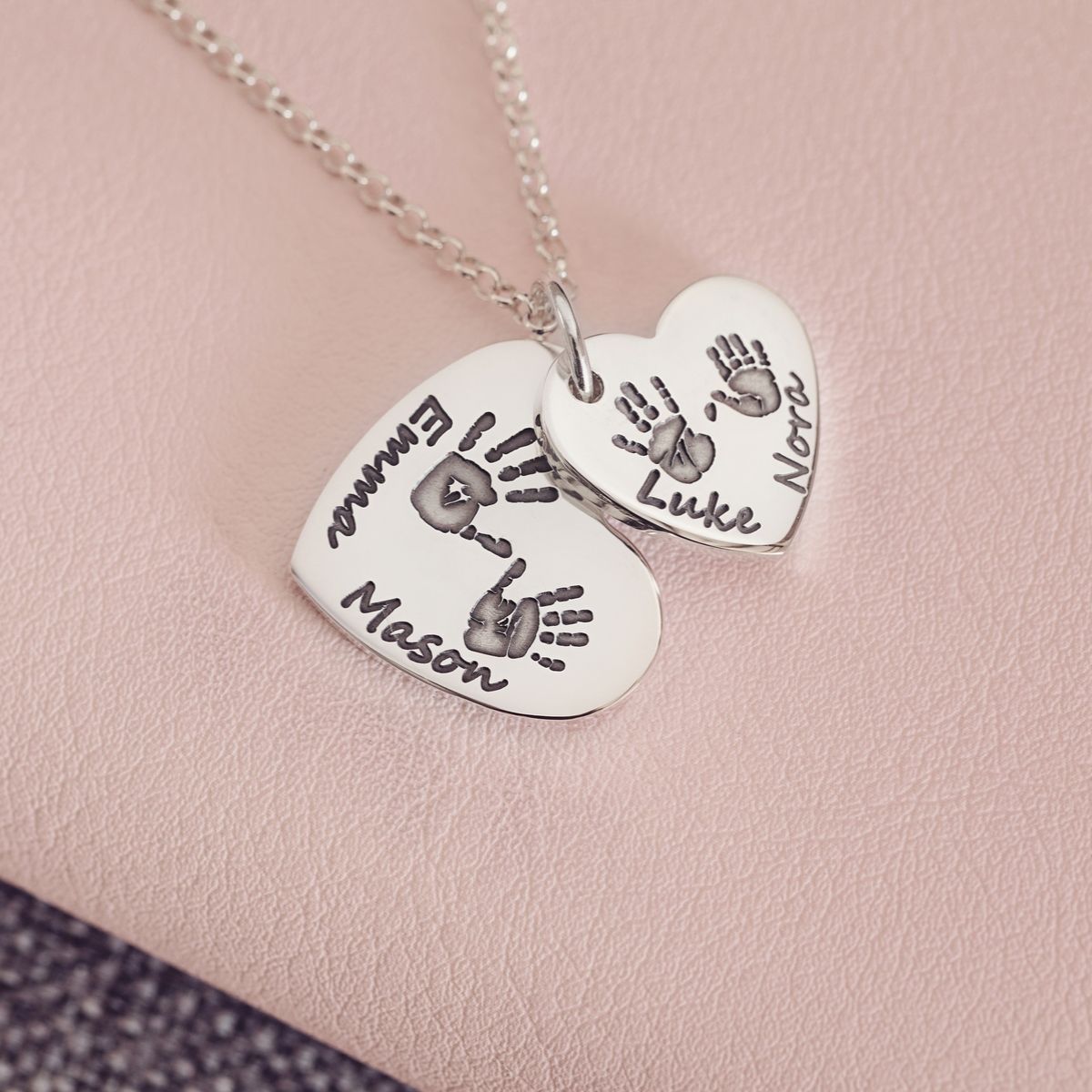 Handprint or Footprint Descending Heart Necklace, Four Prints And Four Names
