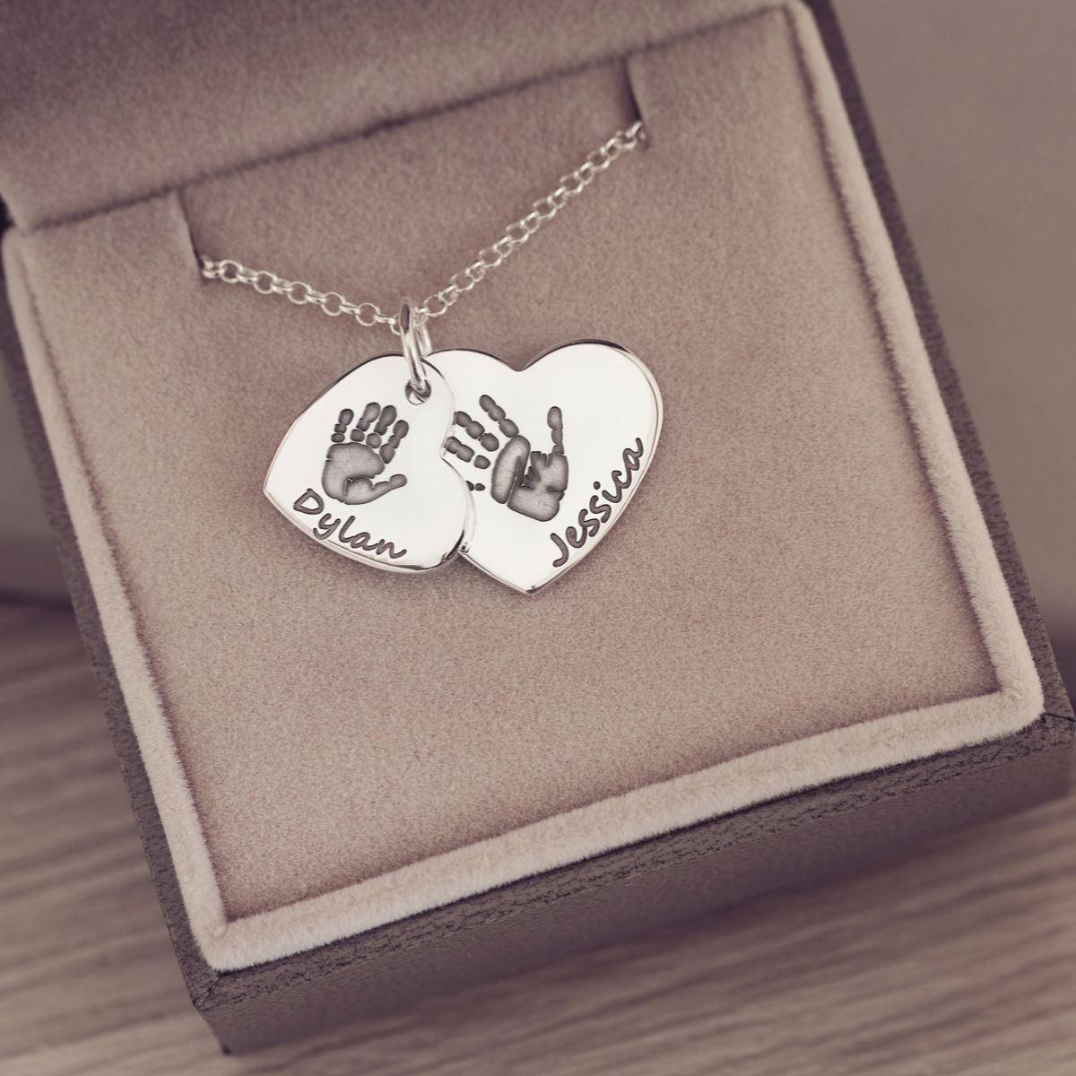 Handprint or Footprint Descending Heart Necklace, Two Prints And Two Names