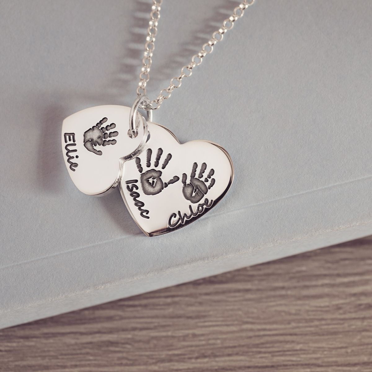 Handprint or Footprint Descending Heart Necklace, Three Prints And Three Names