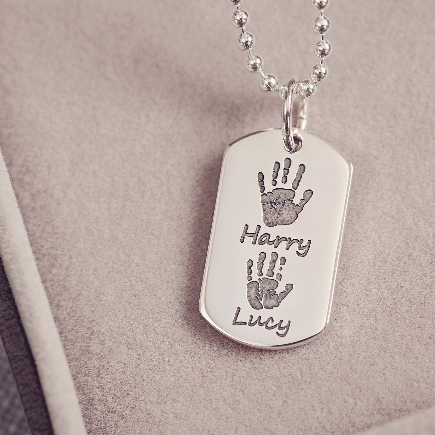 Handprint Or Footprint Dog Tag Necklace, Two Prints And Two Names
