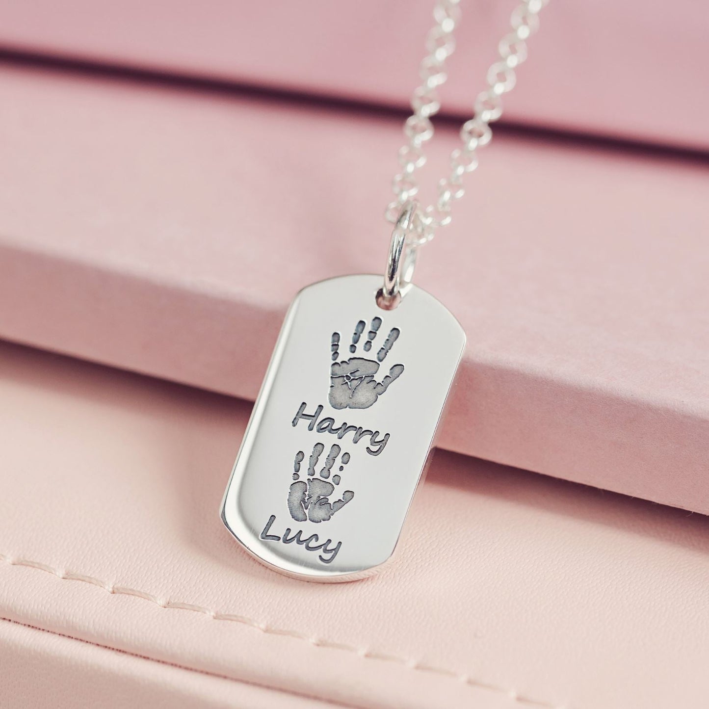 Handprint Or Footprint Dog Tag Necklace, Two Prints And Two Names