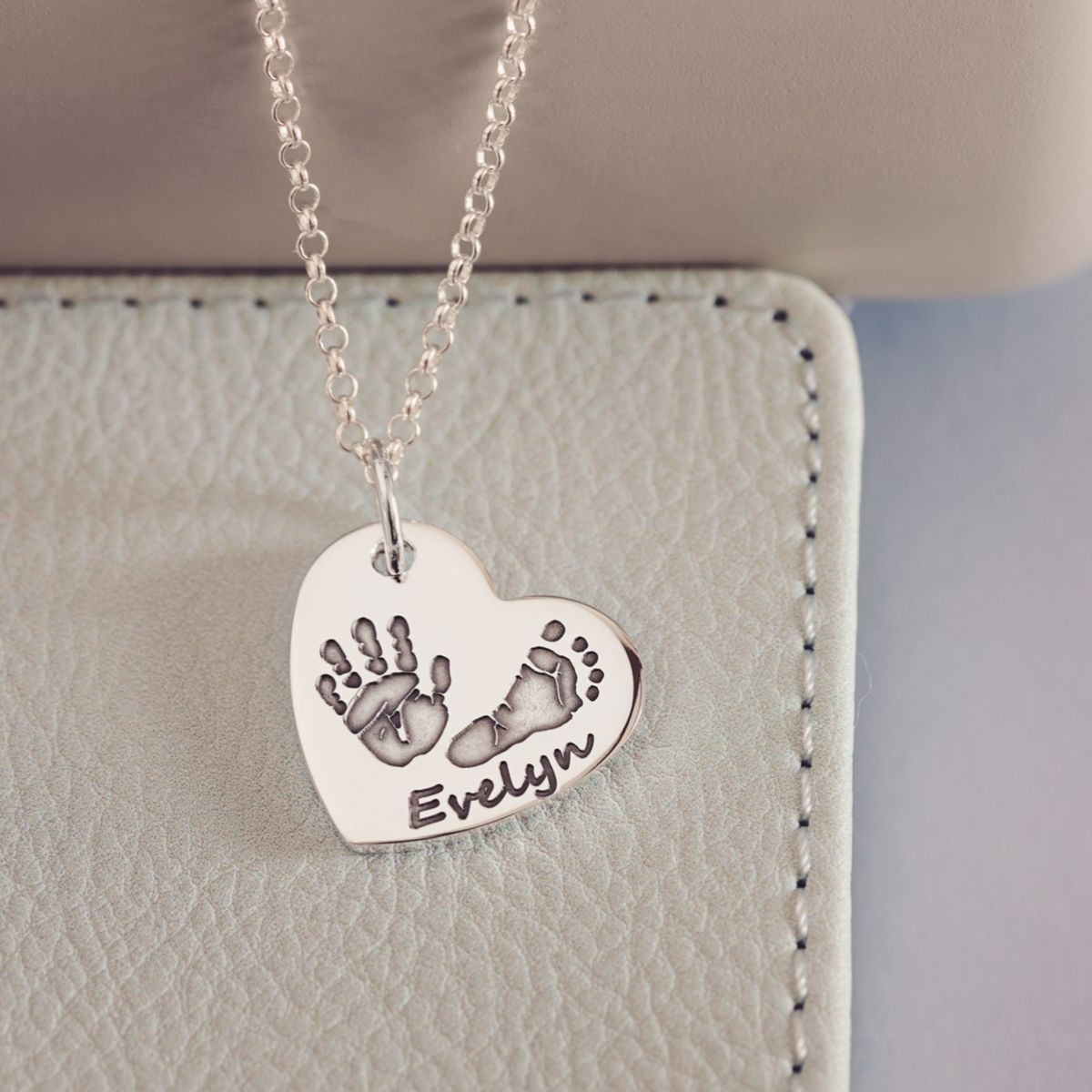 Handprint Or Footprint Large Heart Necklace, Two Prints And One Name