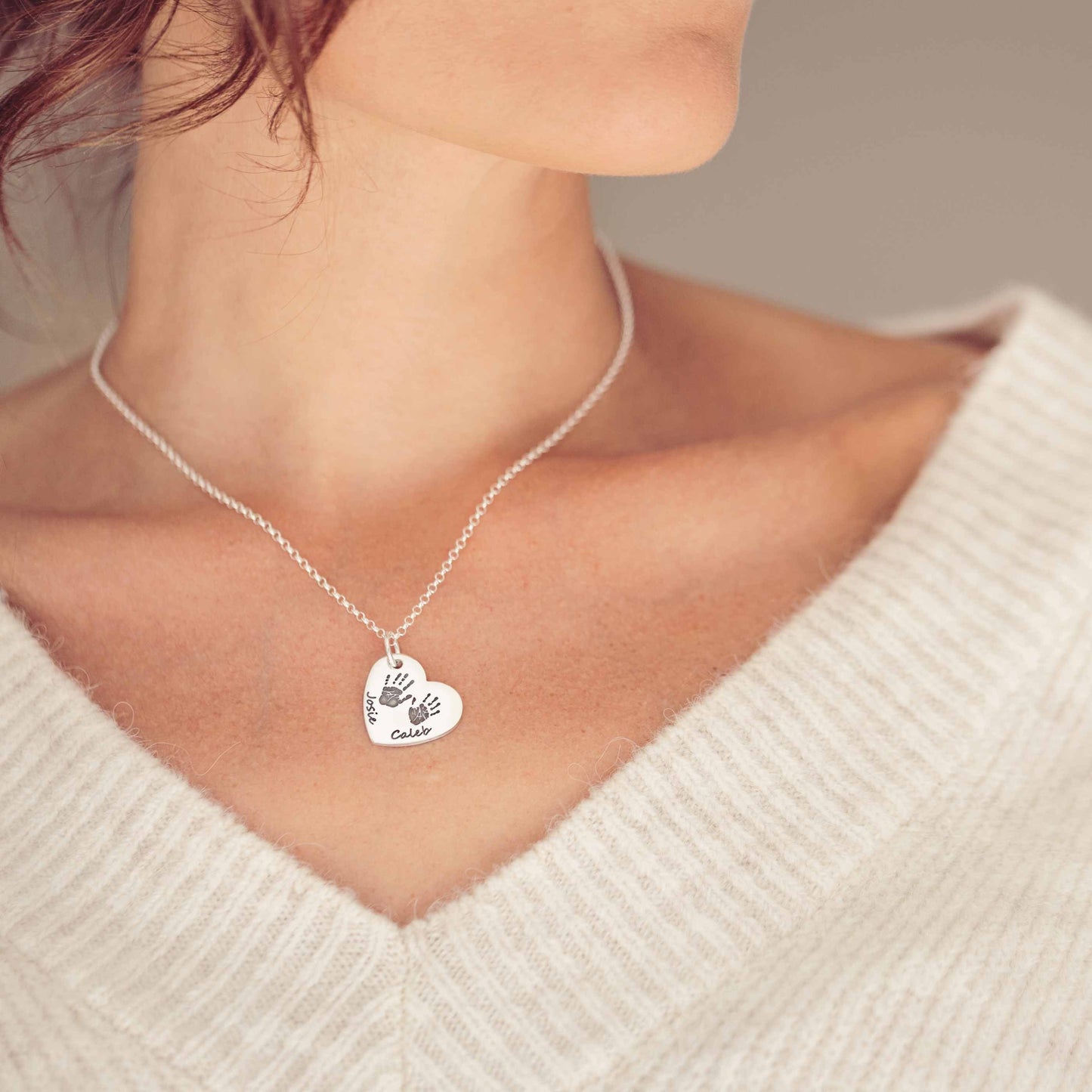 Handprint Or Footprint Large Heart Necklace, Two Prints And Two Names