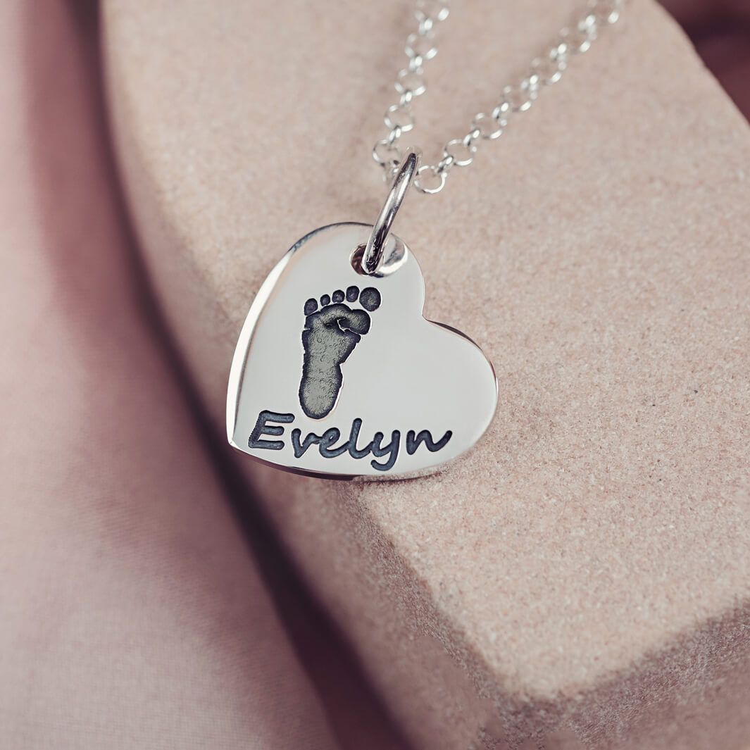 Handprint Or Footprint Small Heart Necklace, One Print And Name
