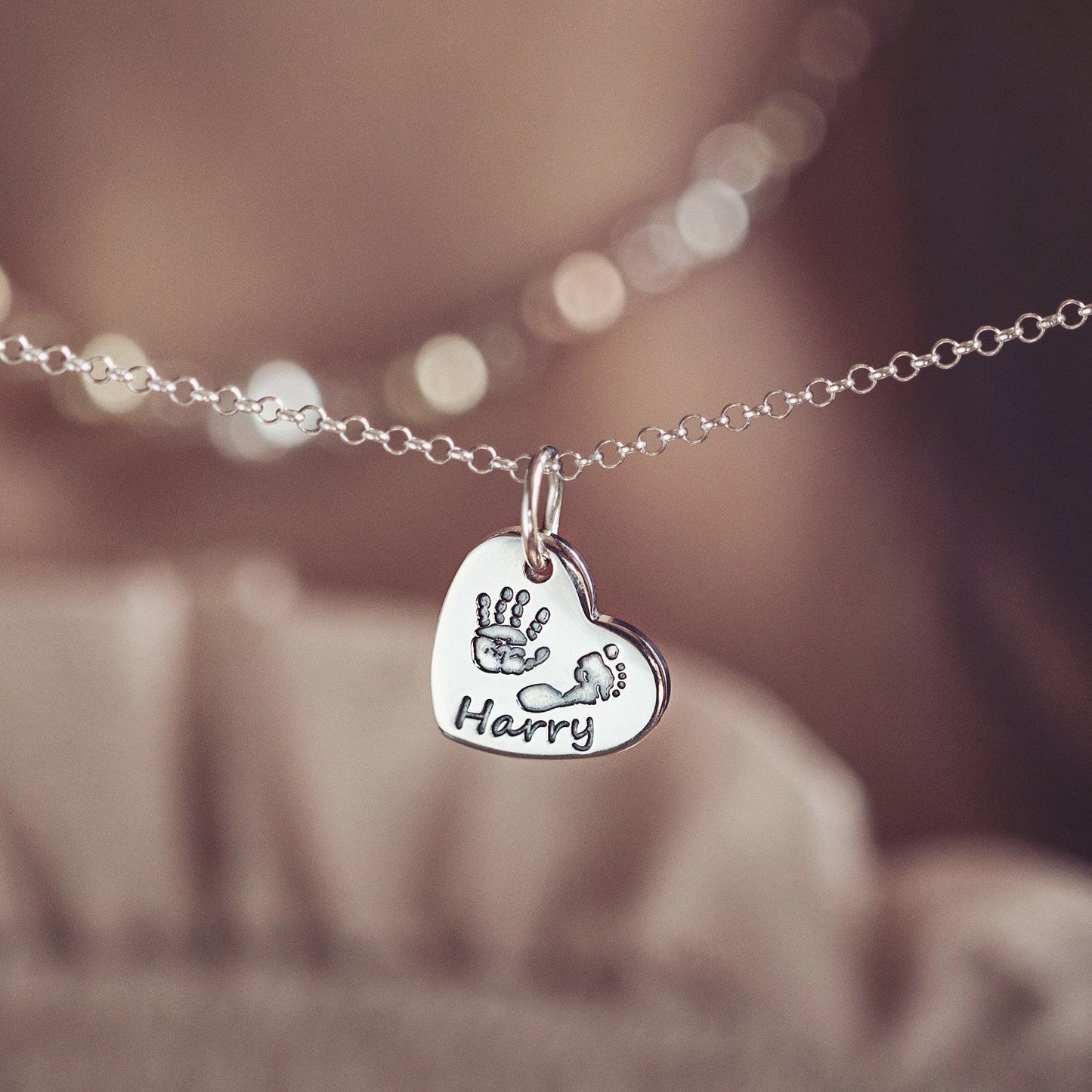 Handprint Or Footprint Small Heart Necklace, Two Prints And One Name