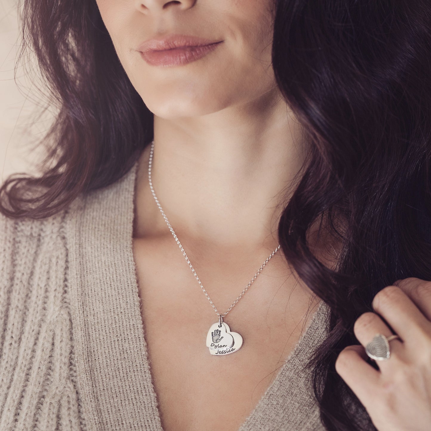Handprint or Footprint Descending Heart Necklace, Two Prints And Two Names