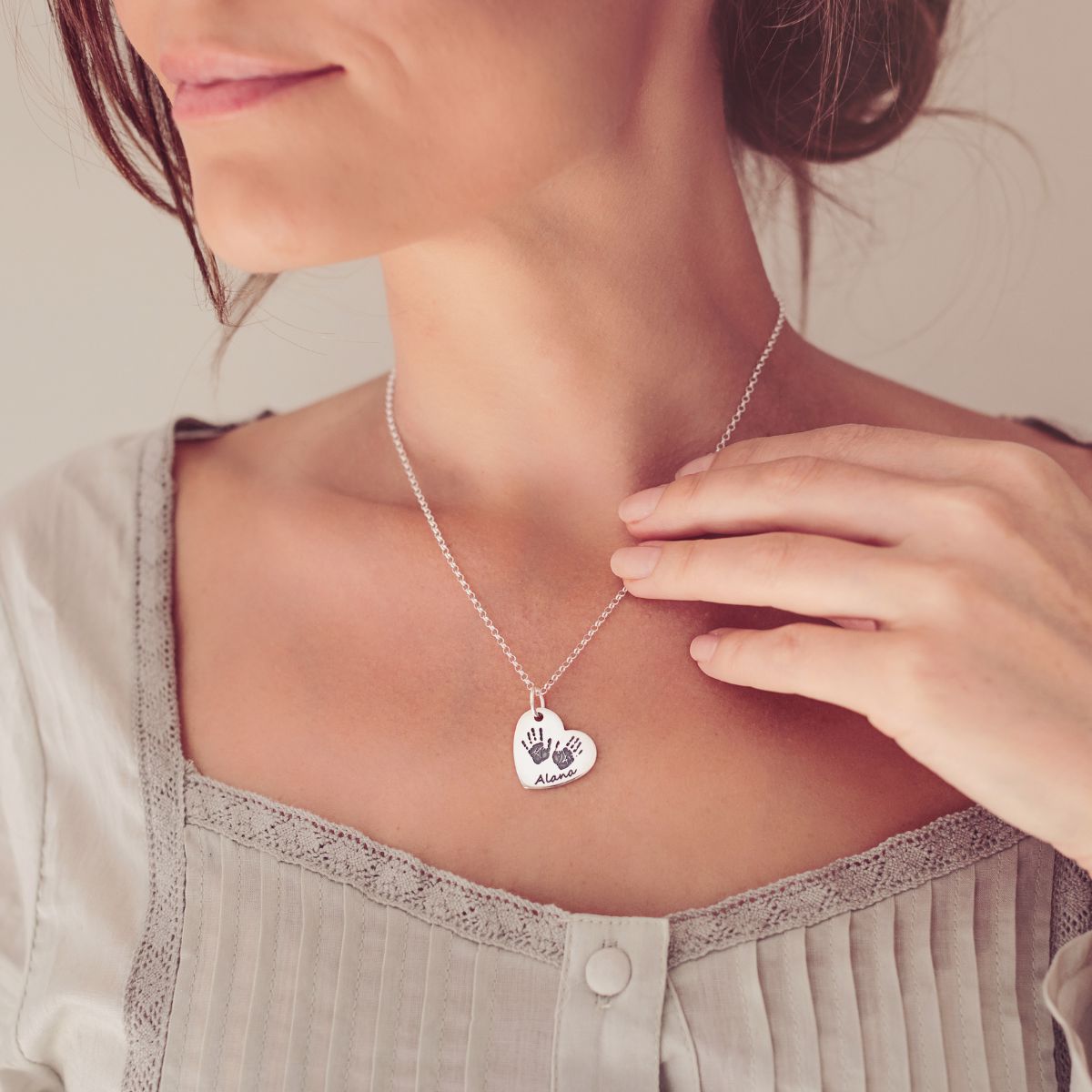Handprint Or Footprint Large Heart Necklace, Two Prints And One Name