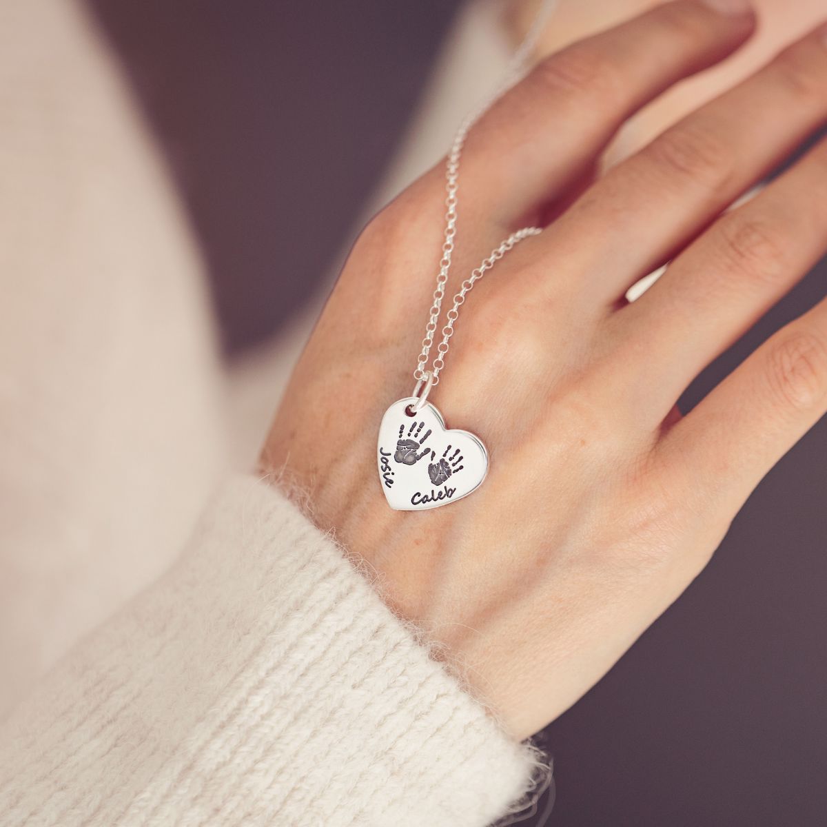 Handprint Or Footprint Large Heart Necklace, Two Prints And Two Names
