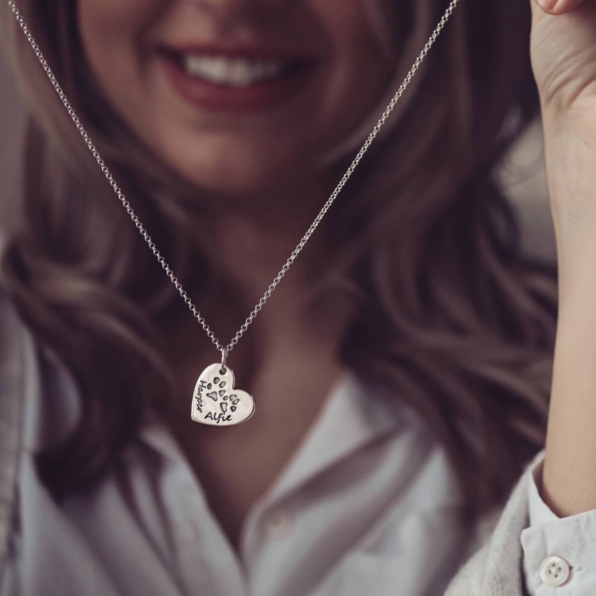 Pawprint Large Heart Necklace, Two Prints And Names