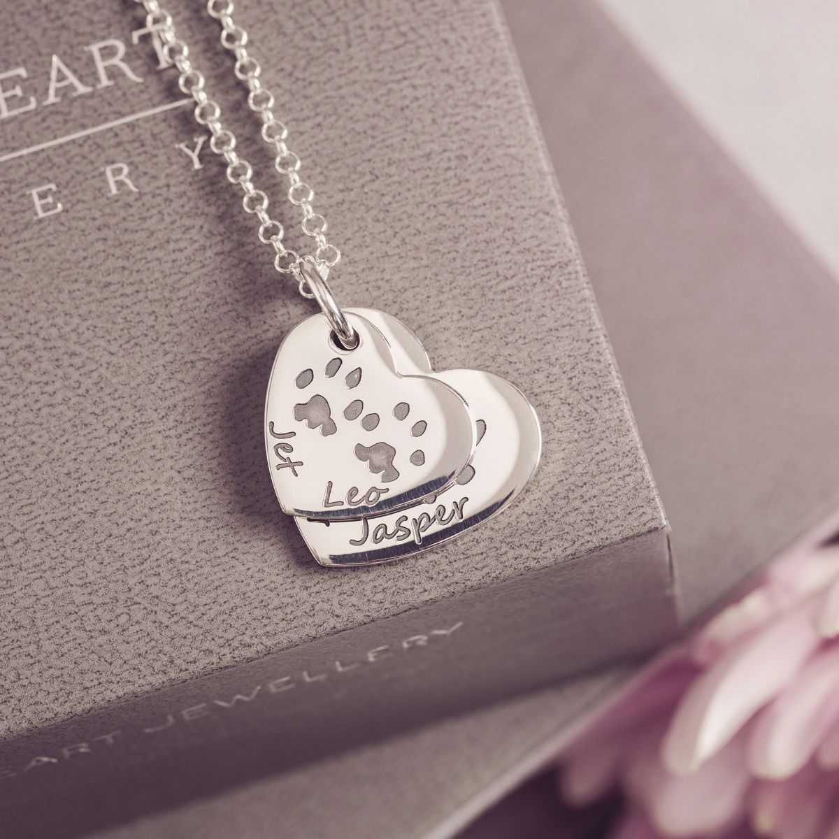 Pawprint Descending Heart Necklace, Four Prints And Four Names