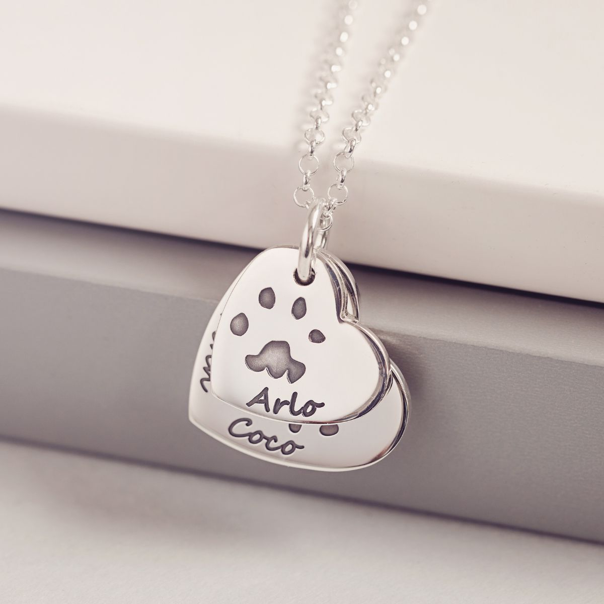 Pawprint Descending Heart Necklace, Three Prints And Three Names
