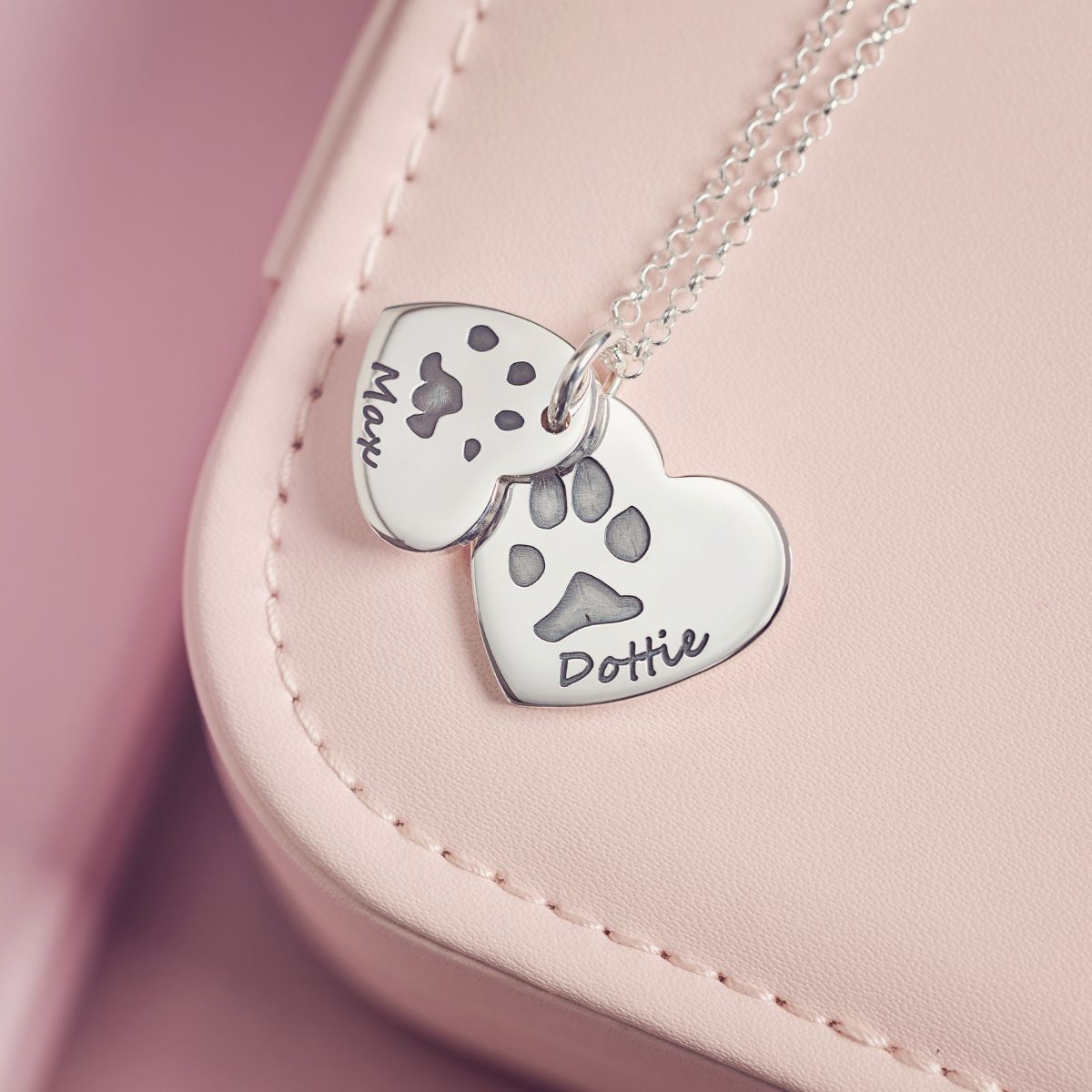 Pawprint Descending Heart Necklace, Two Prints And Two Names