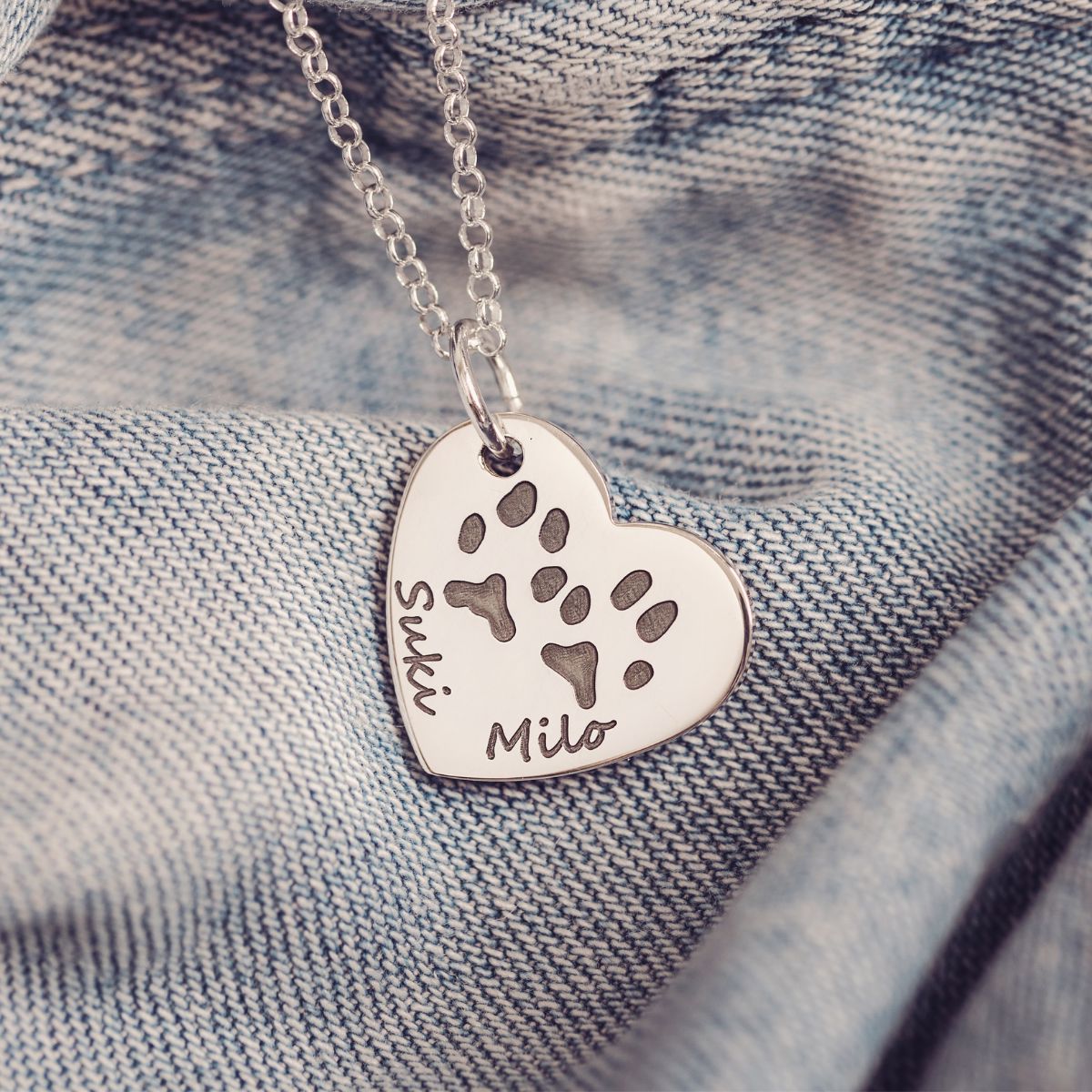 Pawprint Large Heart Necklace, Two Prints And Names