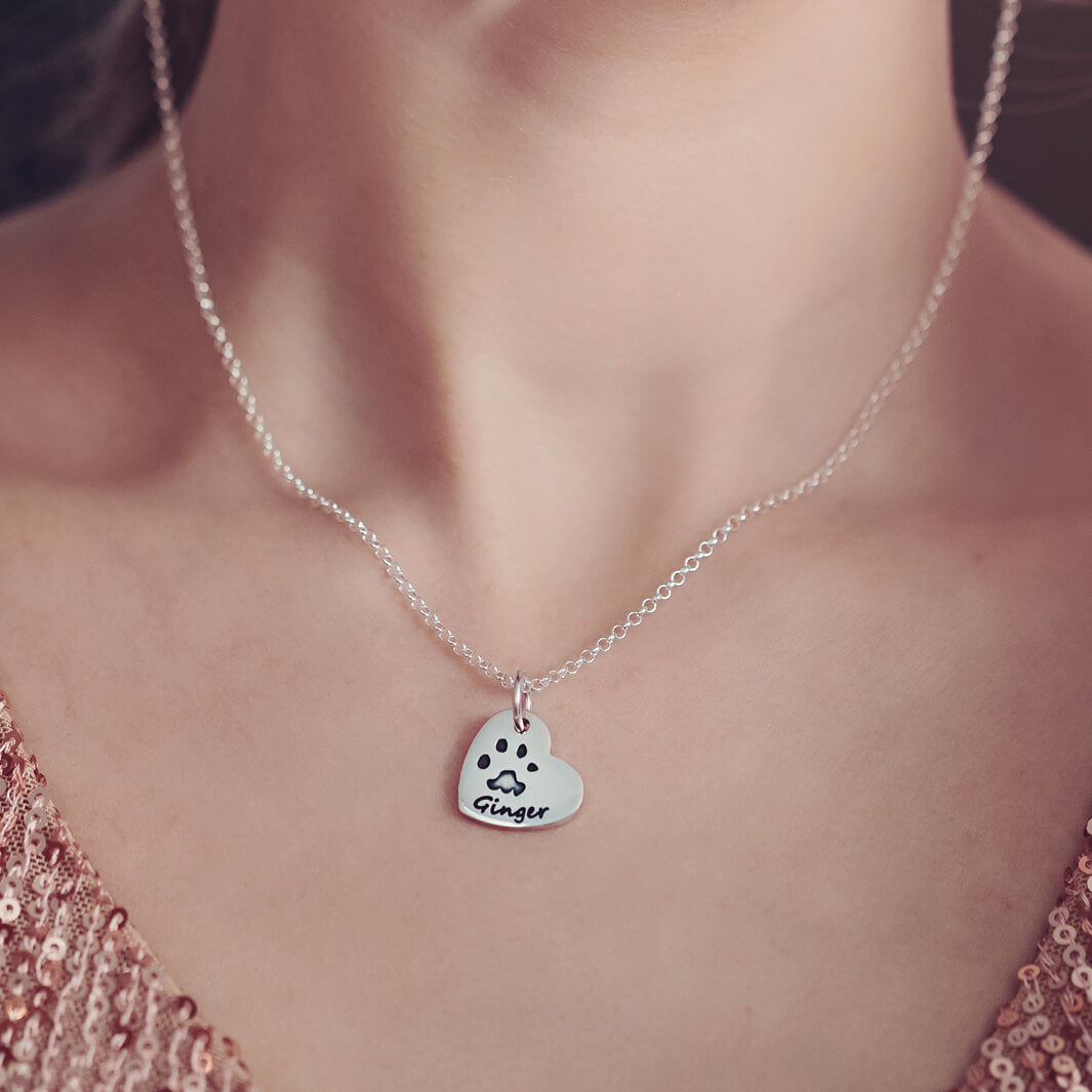 Pawprint Small Heart Necklace, One Print And Name