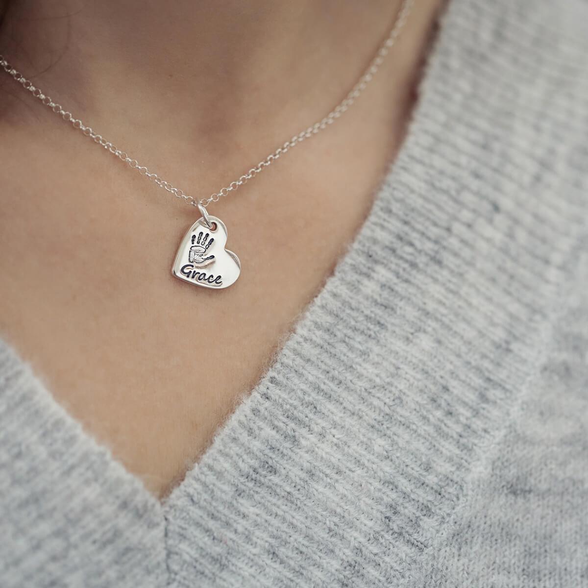 Handprint Or Footprint Small Heart Necklace, One Print And Name