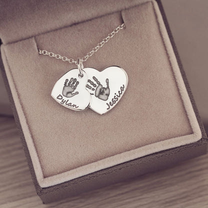 Handprint or Footprint Descending Heart Necklace, Two Prints And Two Names