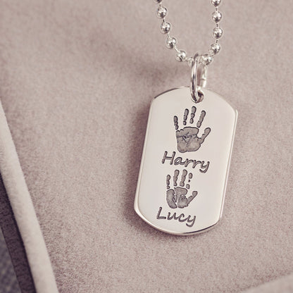Handprint Or Footprint Dog Tag Necklace, Two Prints And Two Names