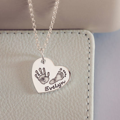 Handprint Or Footprint Large Heart Necklace, Two Prints And One Name