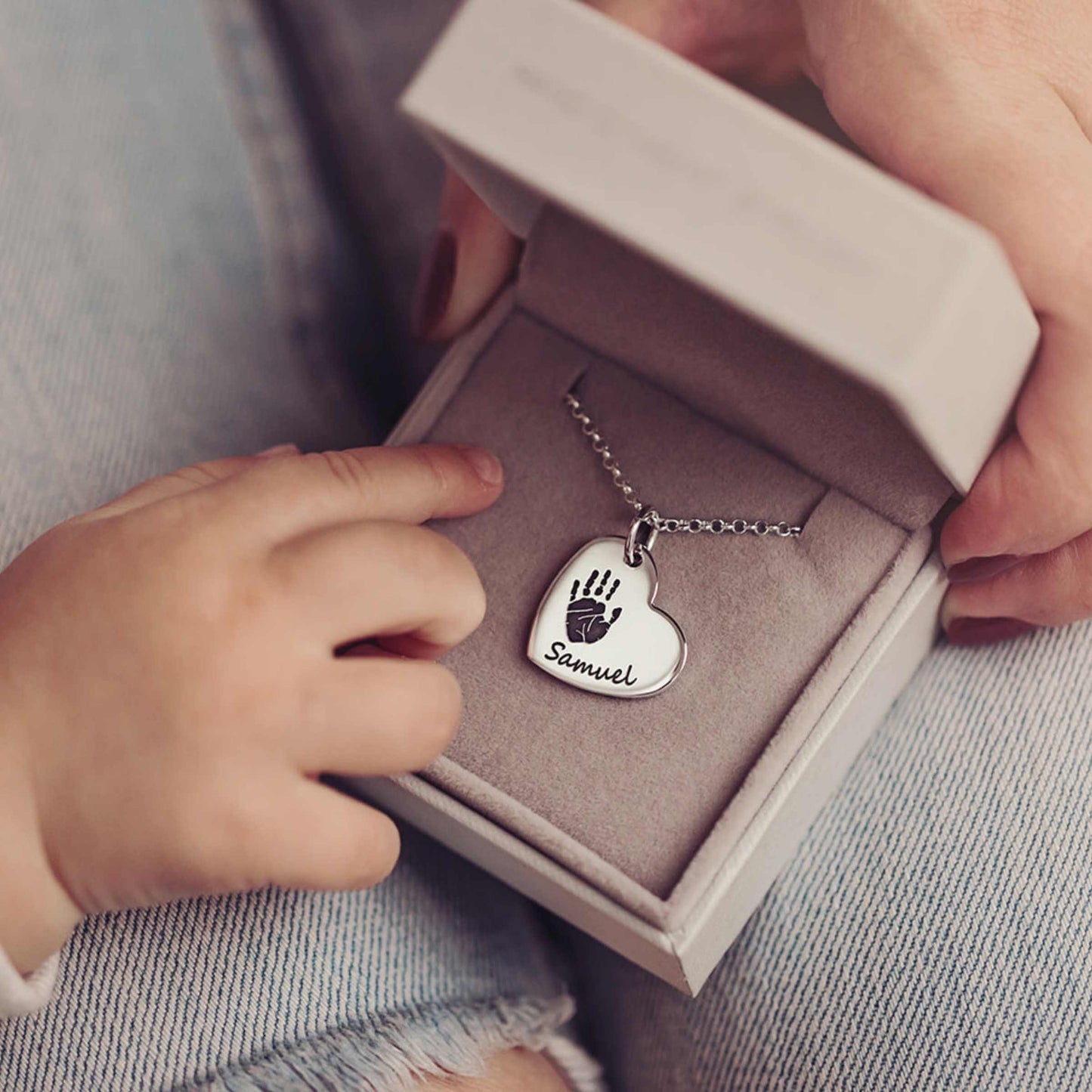 Handprint Or Footprint Large Heart Necklace, One Print And One Name