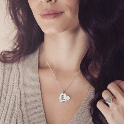 Handprint or Footprint Descending Heart Necklace, Two Prints And Two Names