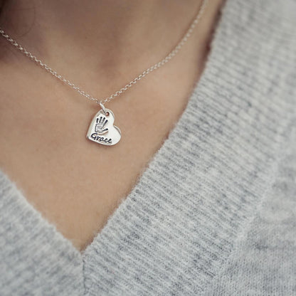 Handprint Or Footprint Small Heart Necklace, One Print And Name